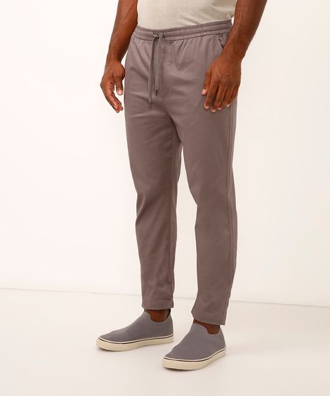 calça jogger de sarja cós com elástico e cordão cinza