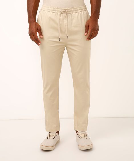 calça jogger de sarja cós com elástico e cordão bege