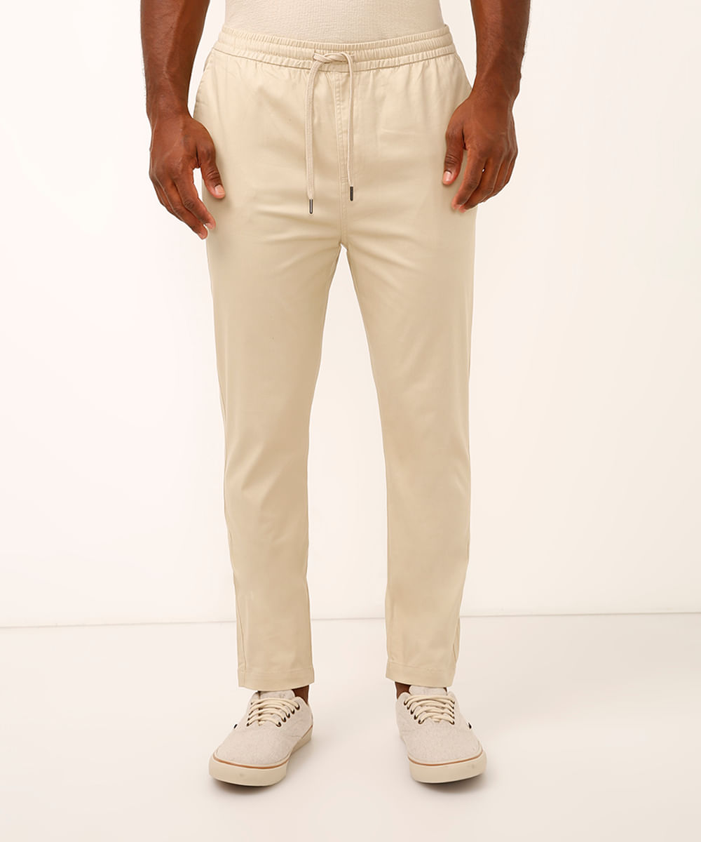 calça jogger de sarja cós com elástico e cordão bege