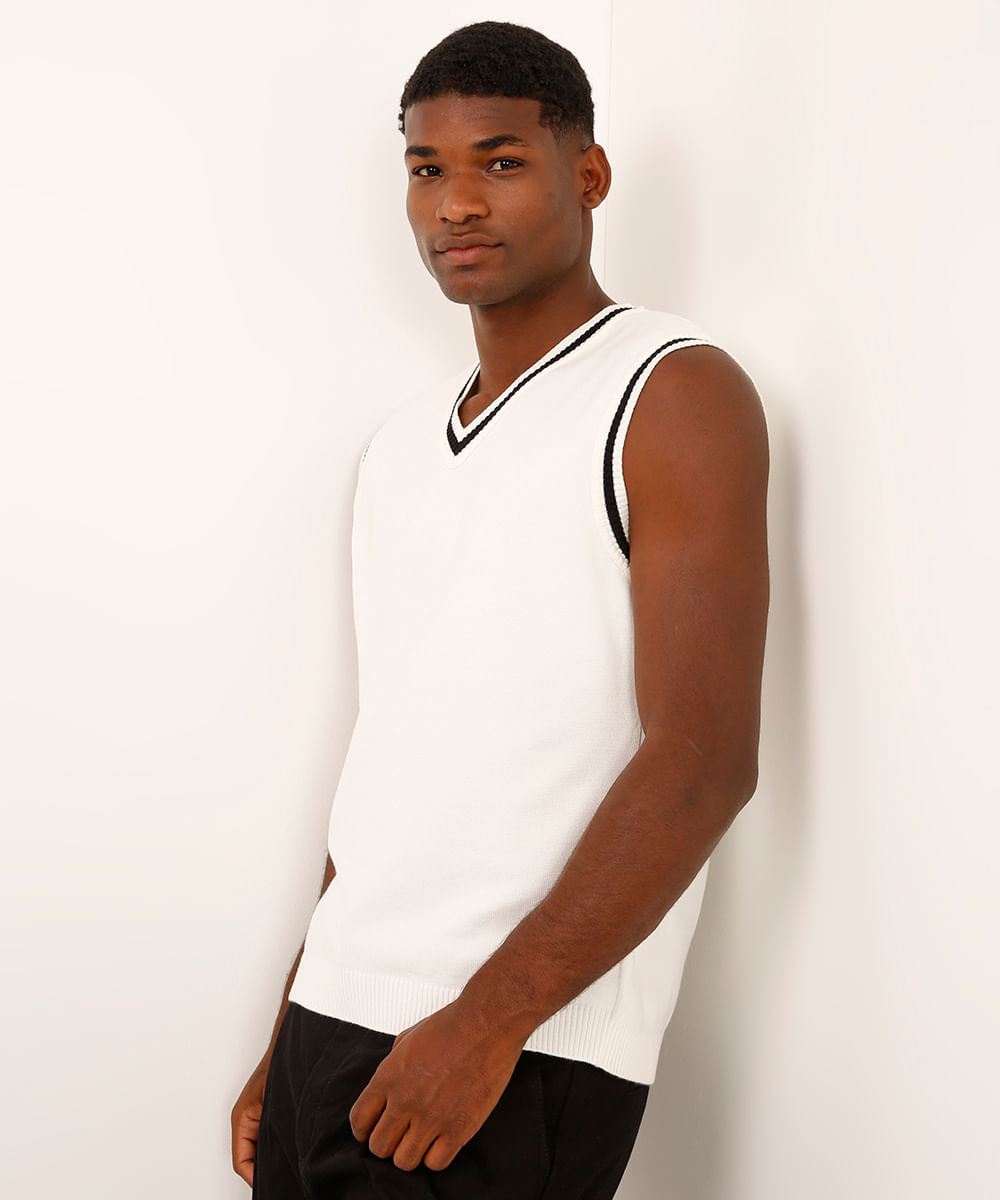 colete de tricot decote v bicolor off white