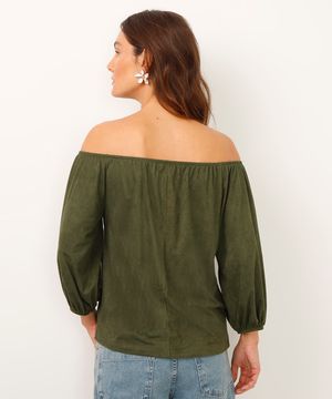 blusa de suede ombro a ombro manga bufante verde