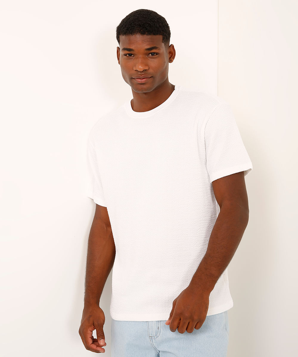 camiseta relaxed de algodão manga curta texturizada branca