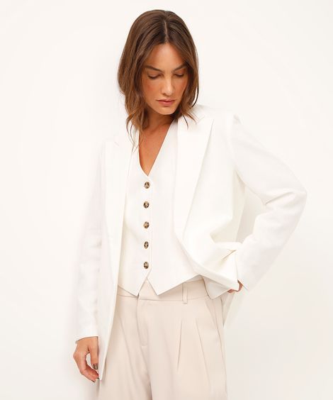 blazer alongado de alfaiataria com linho off white