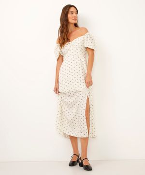 vestido midi de viscose manga bufante arabesco off white