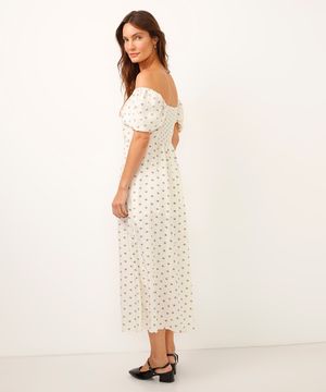 vestido midi de viscose manga bufante arabesco off white