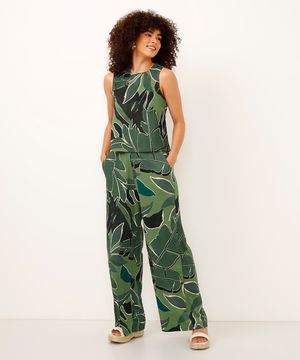 calça wide leg texturizada folhagem verde