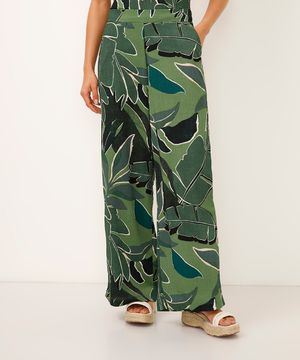 calça wide leg texturizada folhagem verde