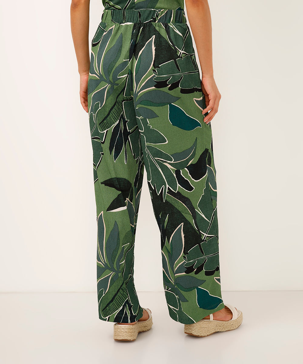 calça wide leg texturizada folhagem verde
