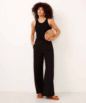 calça wide leg de viscose cintura alta com elástico - preto