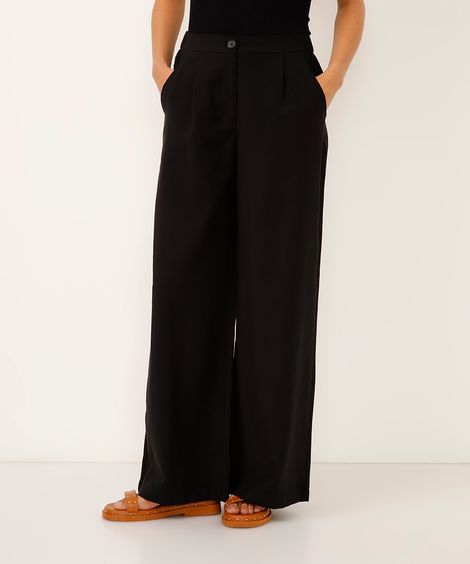 calça wide leg de viscose cintura alta com elástico - preto