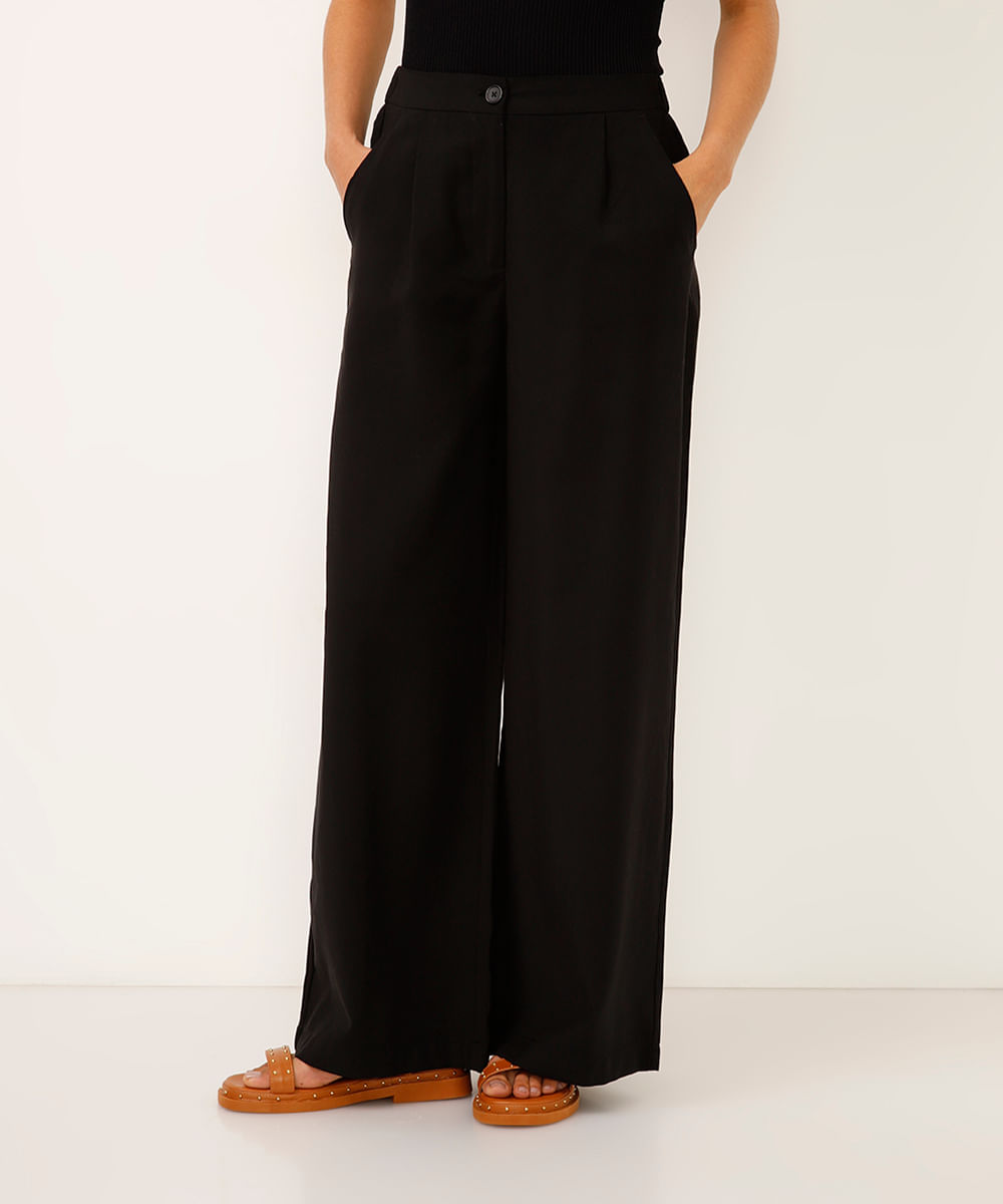 calça wide leg de viscose cintura alta com elástico - preto