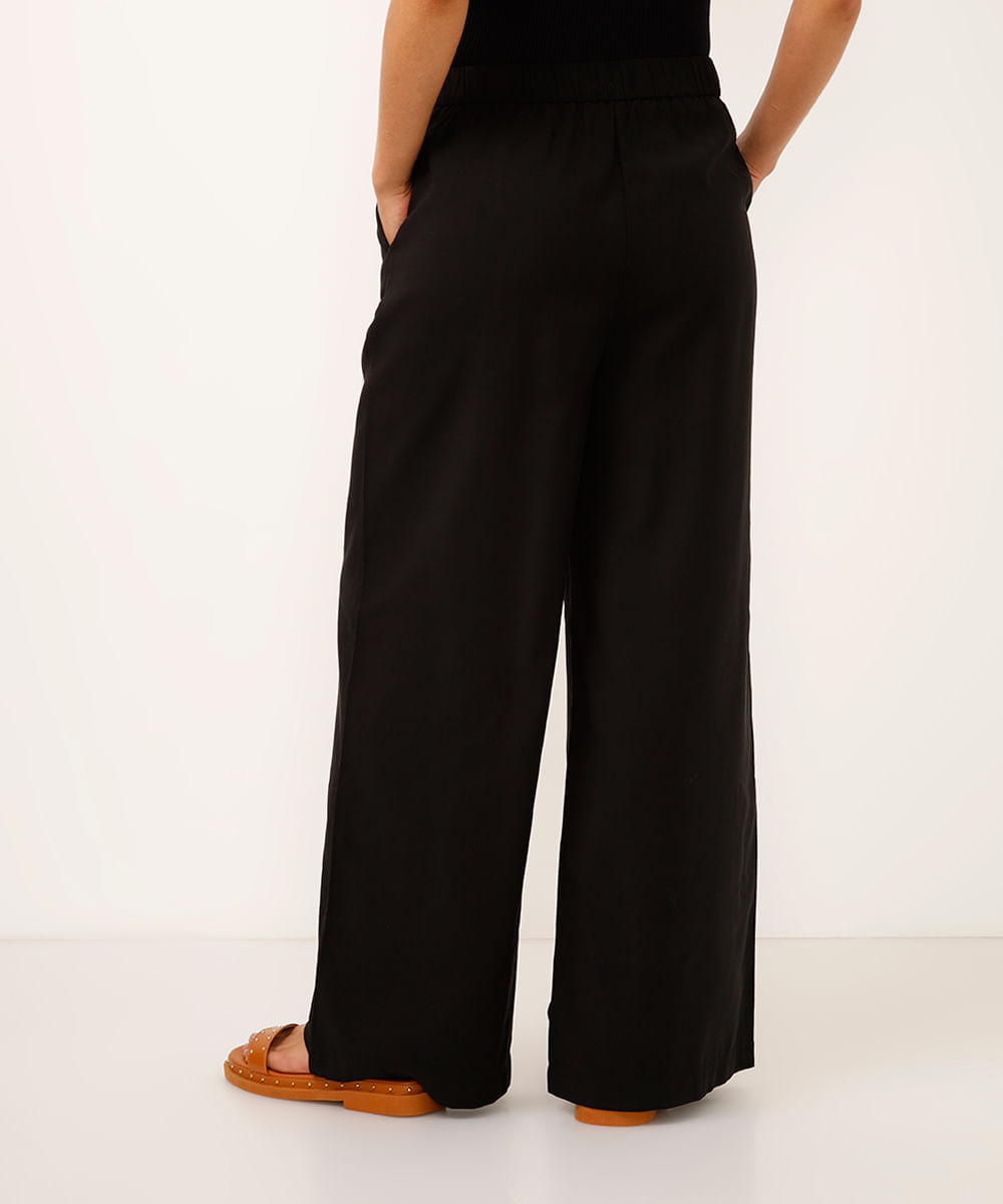 calça wide leg de viscose cintura alta com elástico - preto