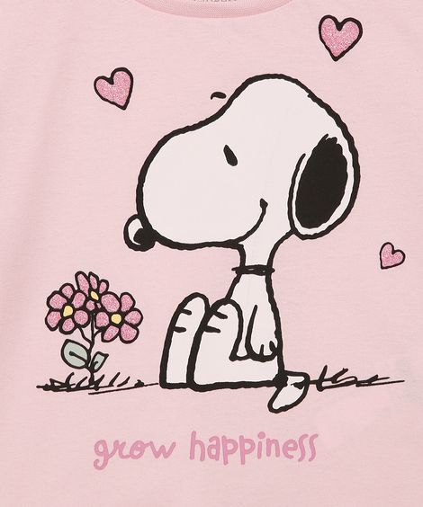 cropped infantil de algodão snoopy com glitter rosa