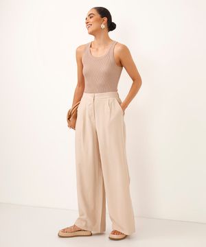 calça wide leg de viscose cintura alta com elástico bege