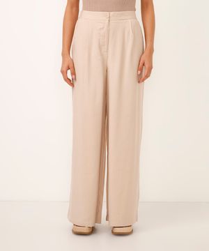 calça wide leg de viscose cintura alta com elástico bege