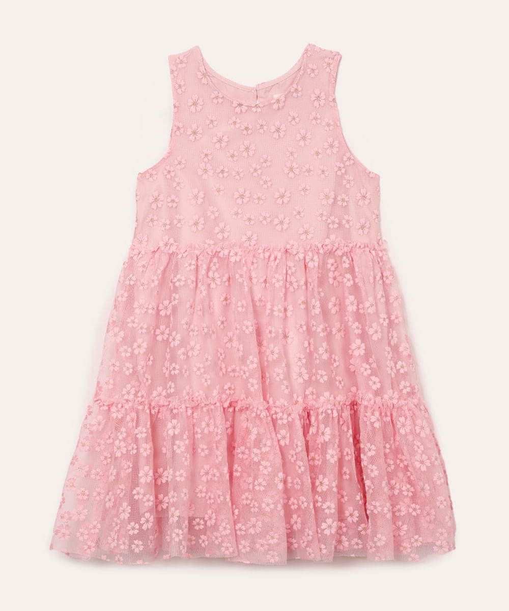 vestido infantil de tule marias floral com glitter rosa