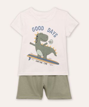 conjunto curto infantil dino surfando off white