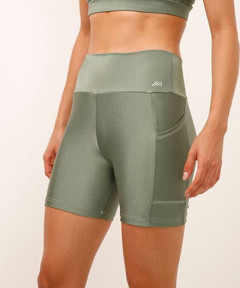 bermuda brilho com bolso cintura alta esportiva verde militar