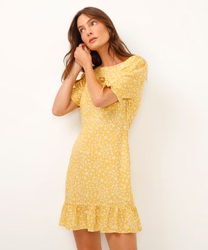 vestido curto de viscose floral amarelo