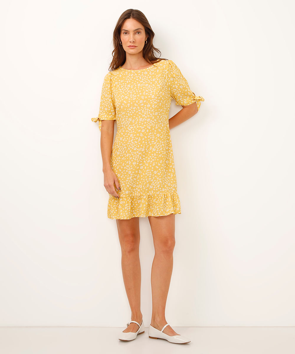 vestido curto de viscose floral amarelo
