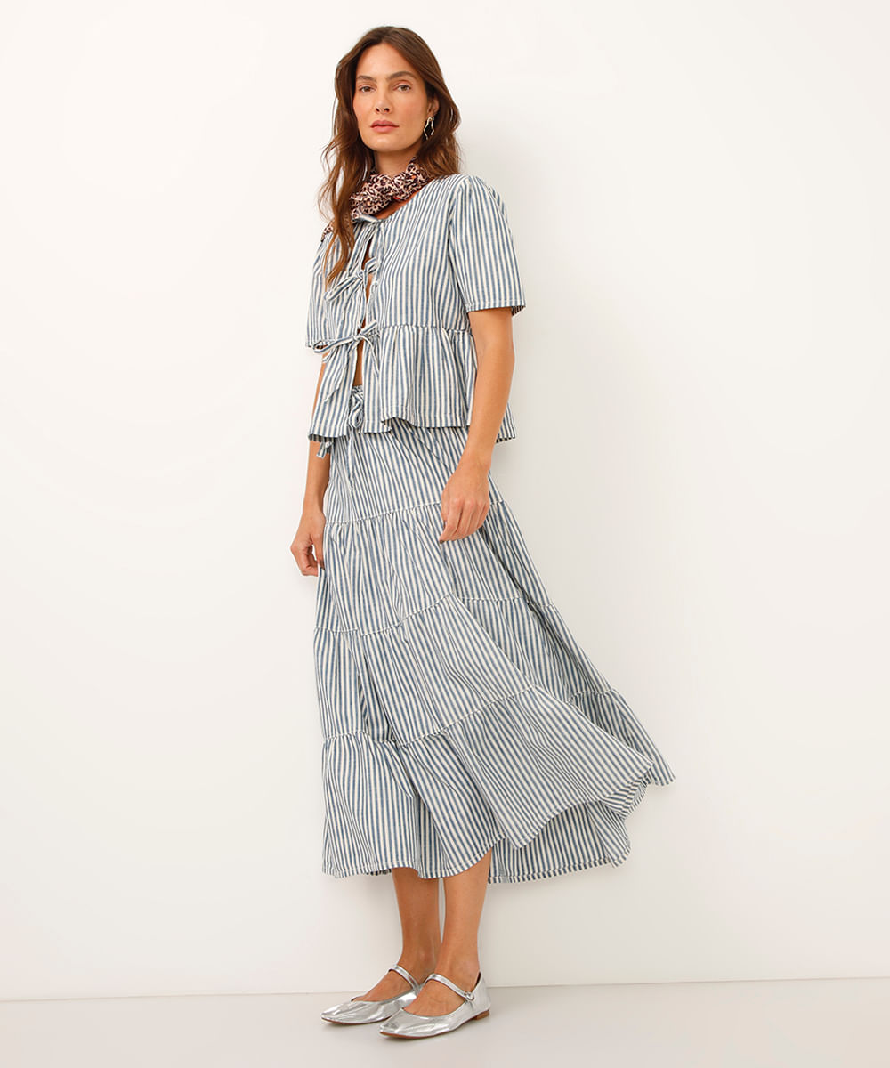 saia longa de algodão listrada marias azul