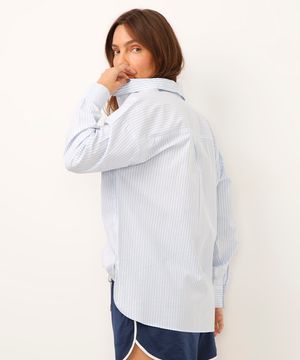 camisa de algodão manga longa listrada azul