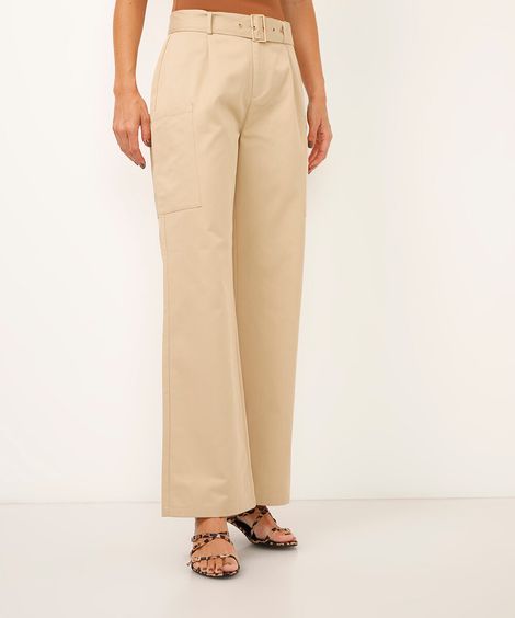 calça reta de alfaiataria com cinto bege