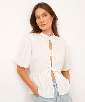 camisa bata de viscose manga bufante com amarração off white