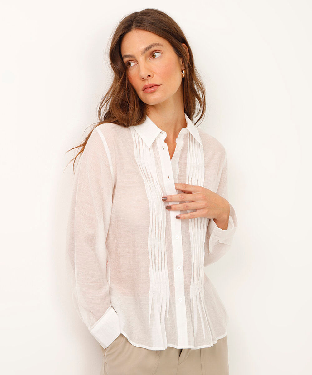 camisa de viscose manga longa com pregas off white