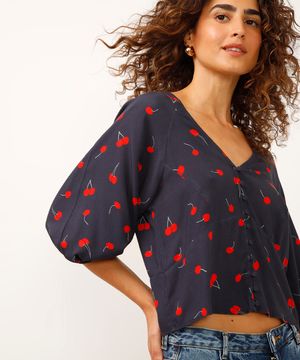 blusa de viscose manga bufante cerejas azul