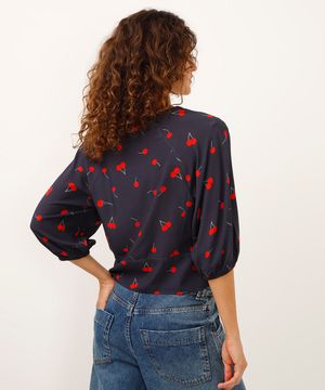 blusa de viscose manga bufante cerejas azul