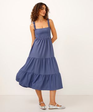 vestido midi texturizado com recortes alças médias azul
