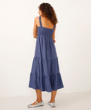 vestido midi texturizado com recortes alças médias azul
