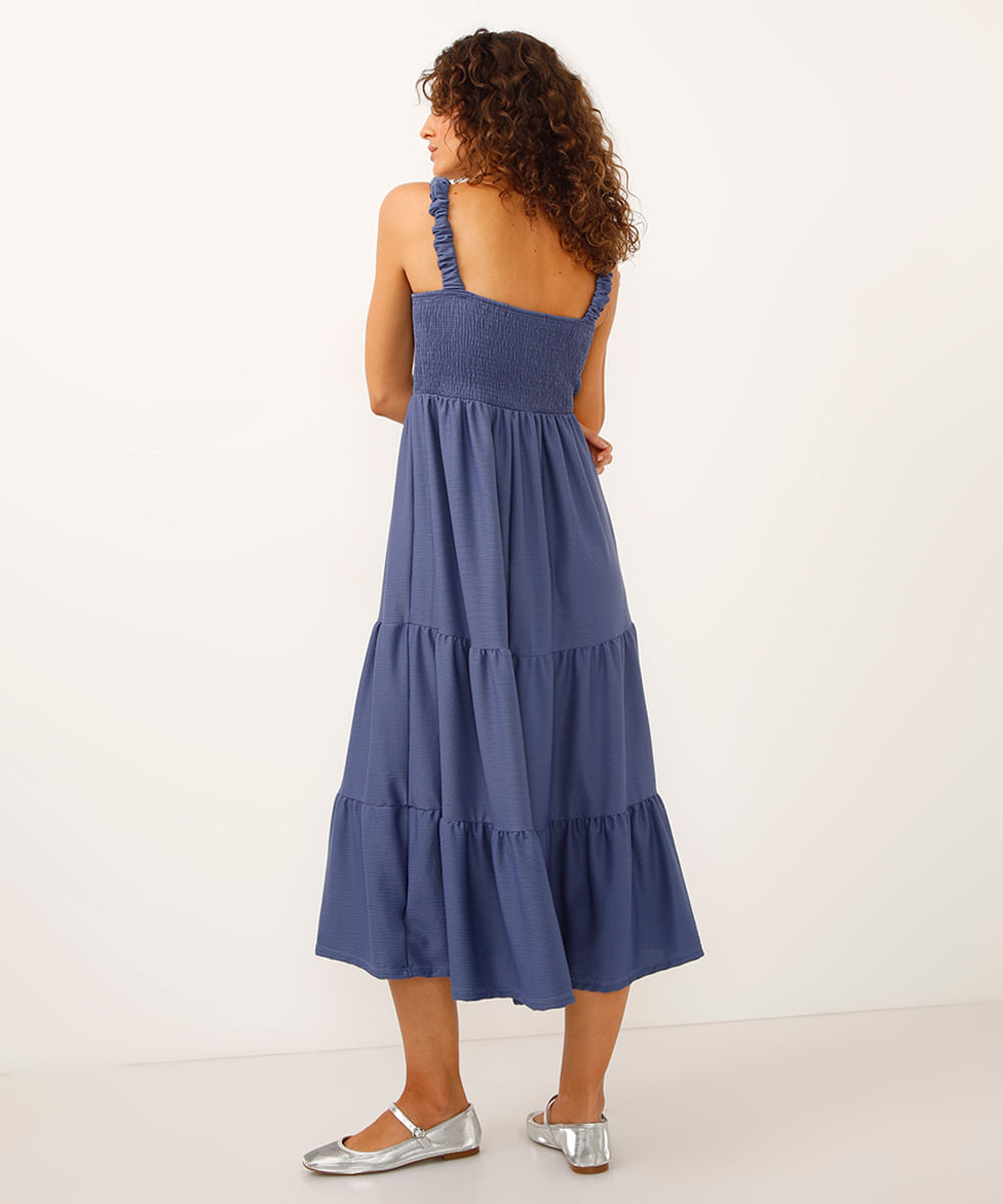 vestido midi texturizado com recortes alças médias azul