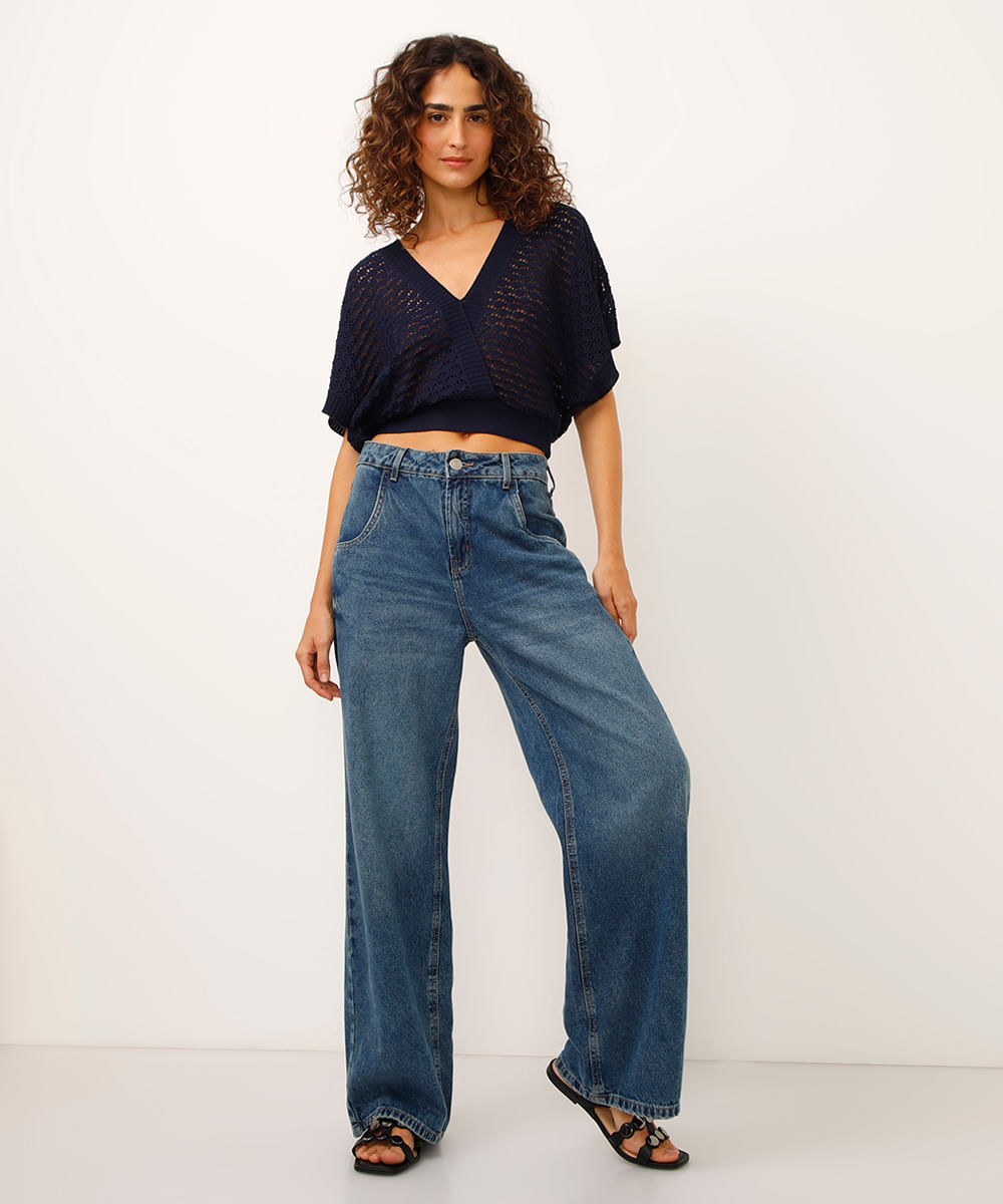 cropped de tricot ampla com amarração azul