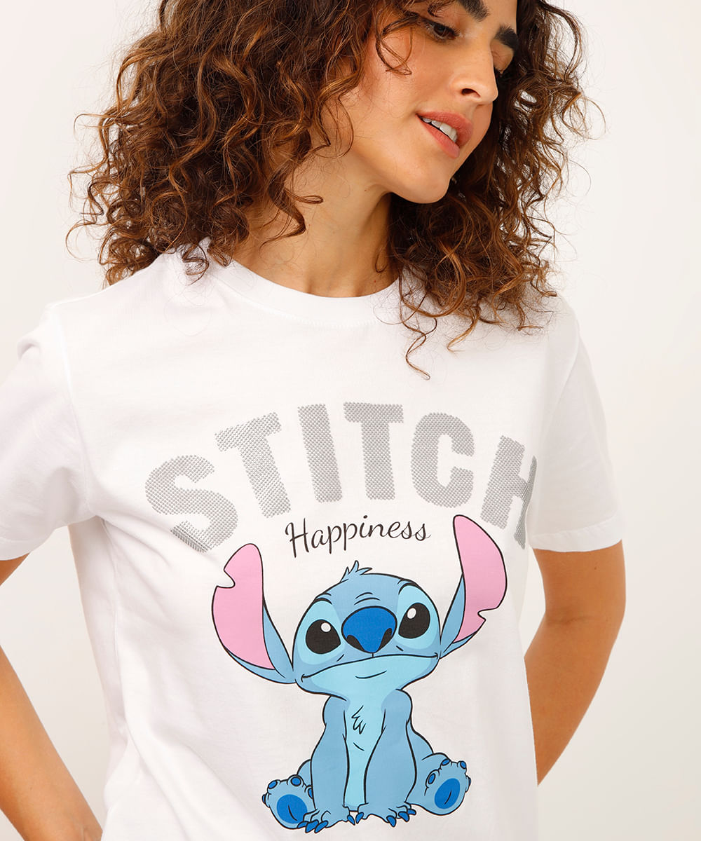 camiseta de algodão manga curta stitch off white