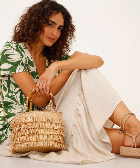 bolsa bucket com franjas alça removível bege