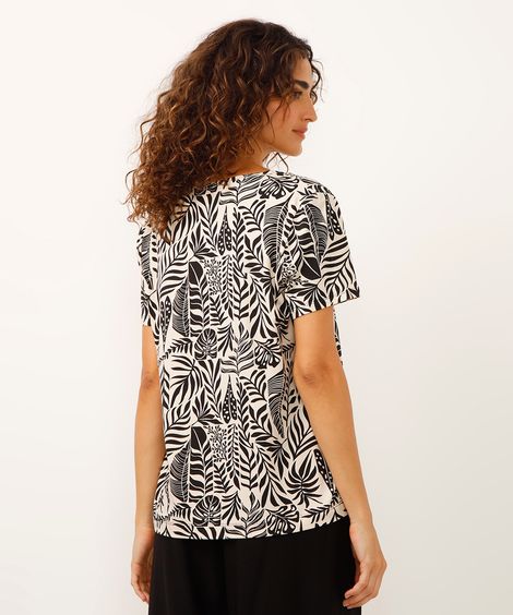 blusa de viscose decote v folhagem bege