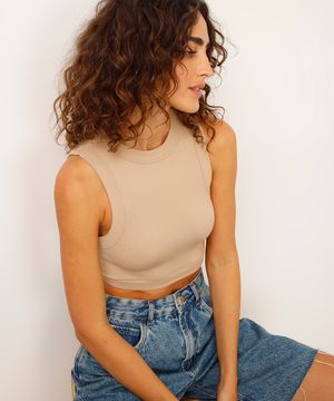 cropped de poliamida halterneck canelado bege