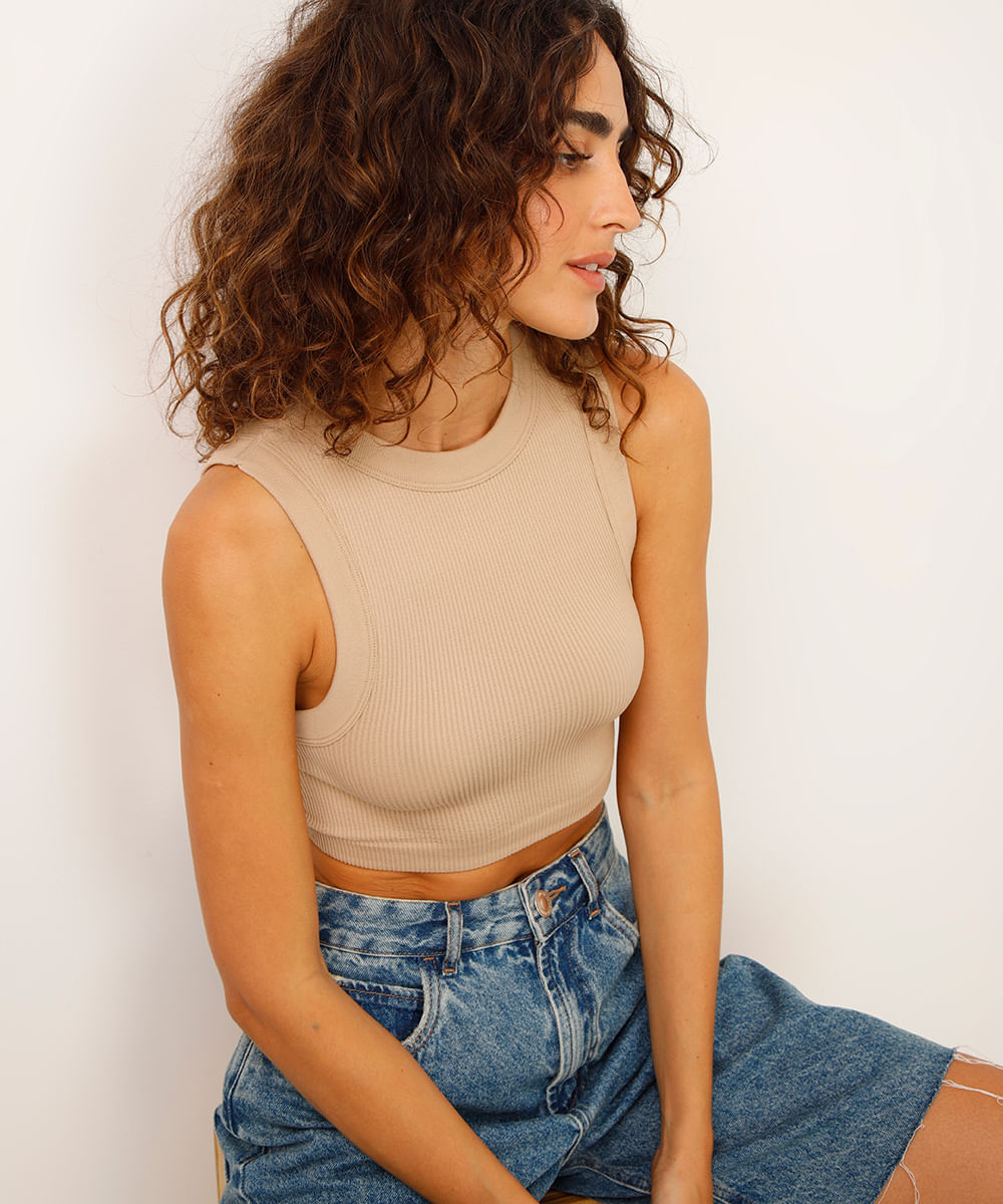 cropped de poliamida halterneck canelado bege