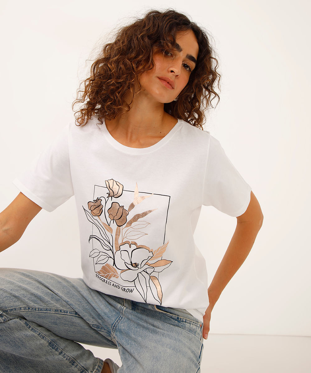 camiseta de algodão floral off white