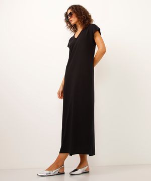 vestido longo de algodão decote v preto