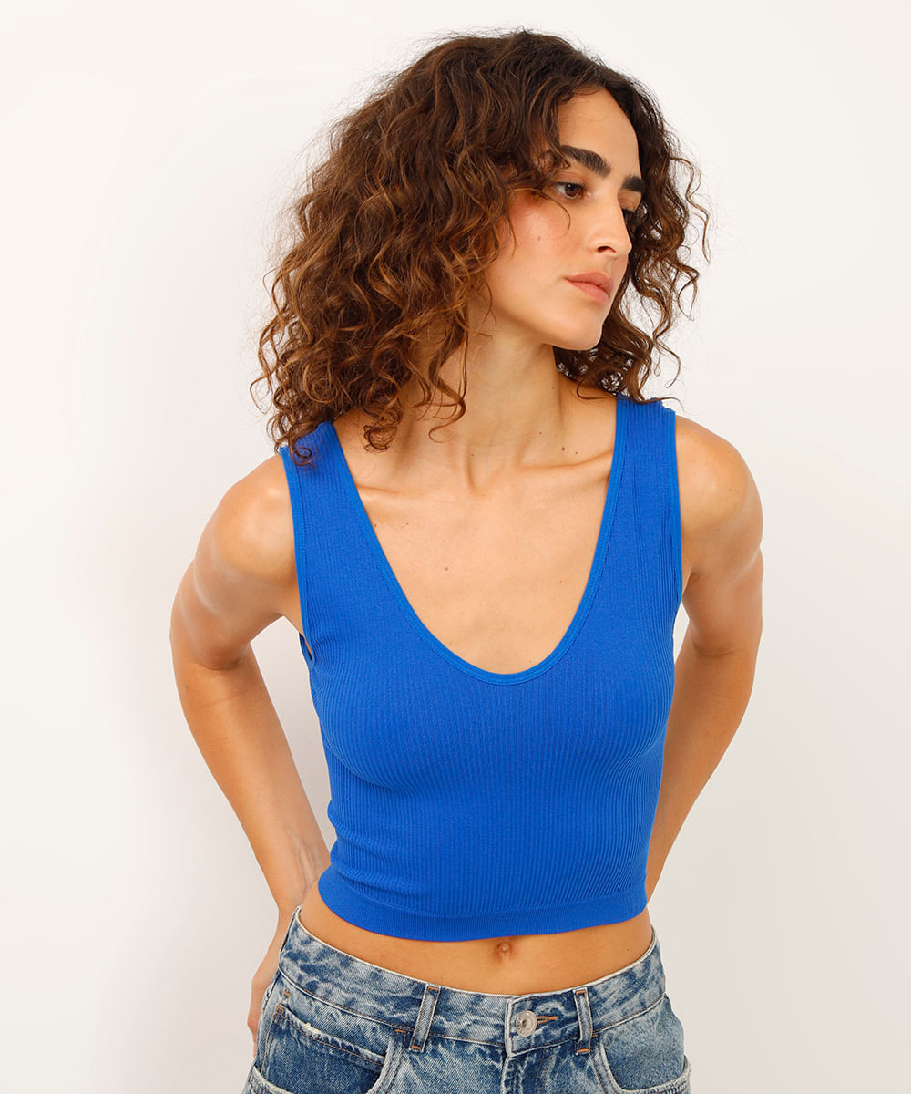 cropped básico canelado alça média decote v azul