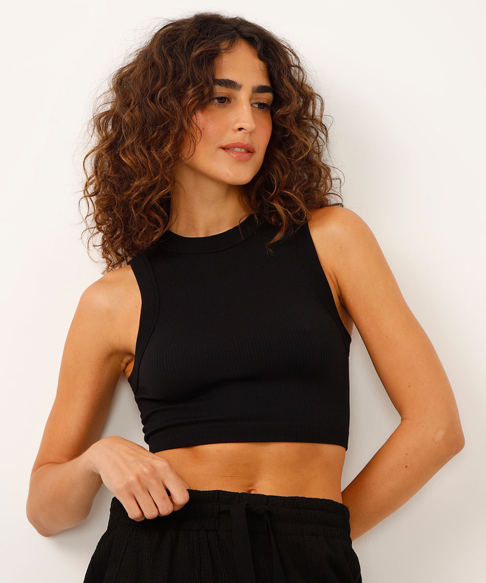 cropped de poliamida halterneck canelado preto