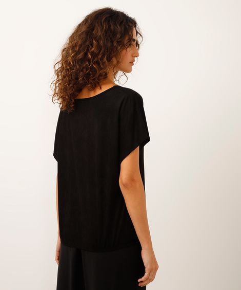 blusa de suede decote v elástico na barra preta
