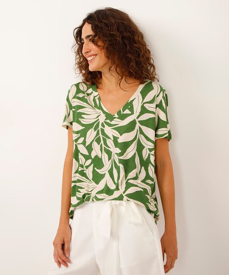 blusa de viscose decote v folhagem verde