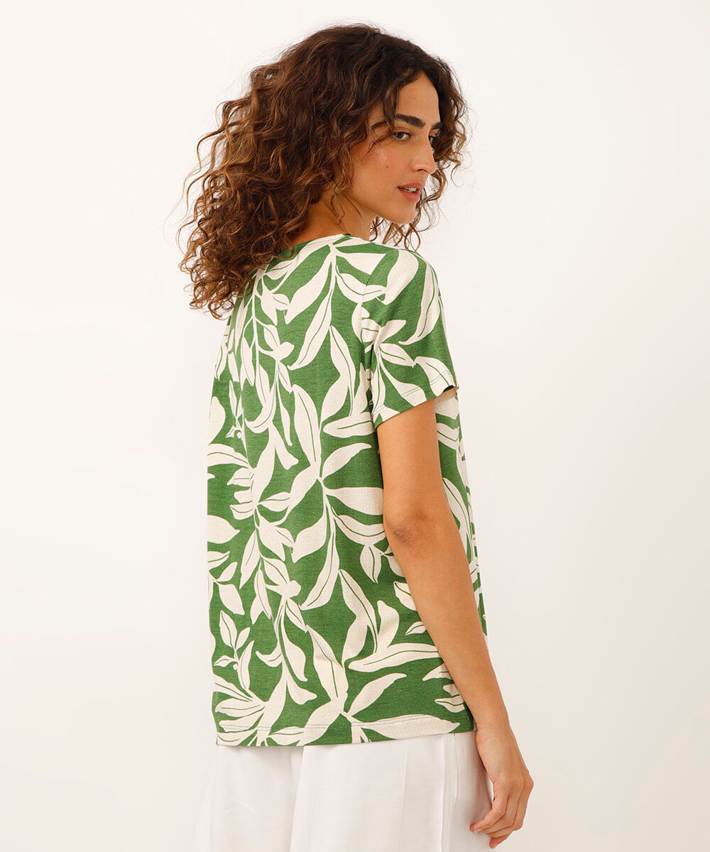 blusa de viscose decote v folhagem verde