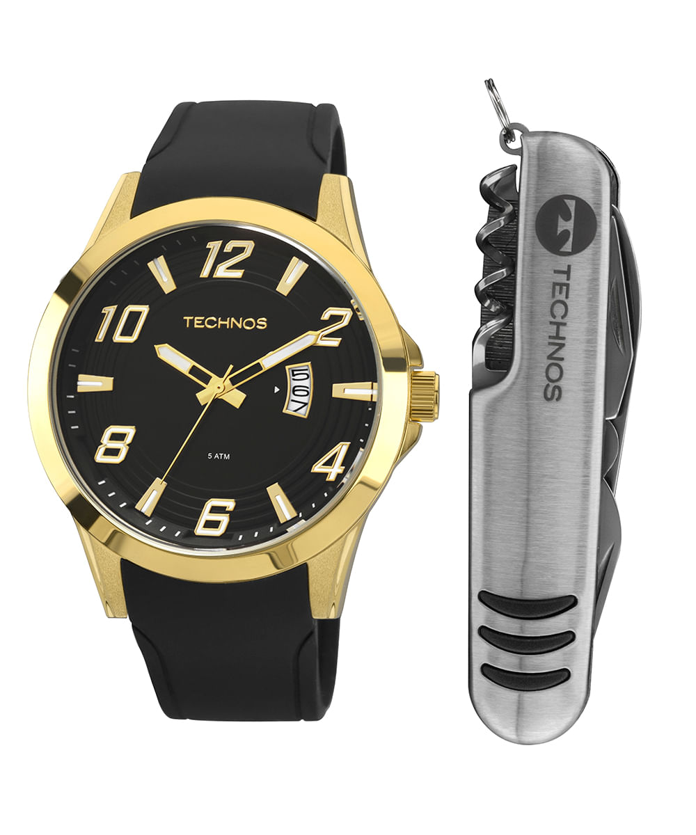 relógio technos analógico calendário 2115kqak8p dourado
