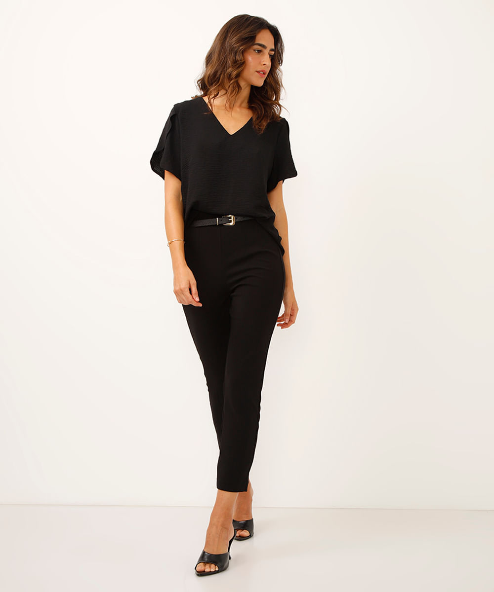 blusa decote v manga com transpasse preta