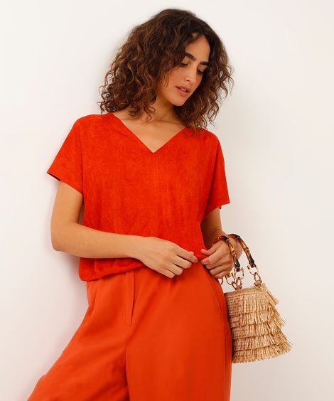 blusa de suede decote v elástico na barra laranja